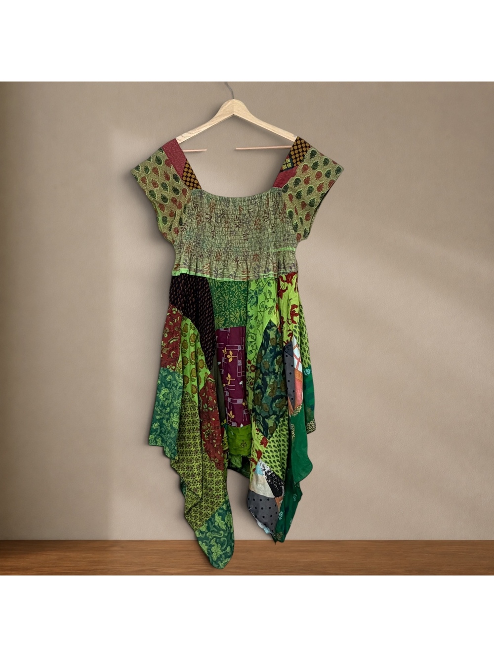 Y2K Patchwork Cotton Smocked Hanky Hem Boho Fairy Dress Tunic